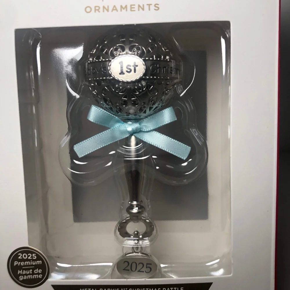 2025 Baby's First Christmas Ornament Hallmark Sliver Rattle Blue Bow Boy